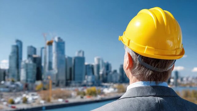 Visionary Blueprint: A seasoned construction worker gazes towards a towering cityscape, embodying ambition and precision. The worker is captured from the back, donned in a yellow hard hat and a suit.