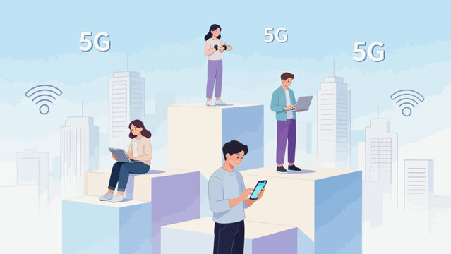People using devices in a city with 5G