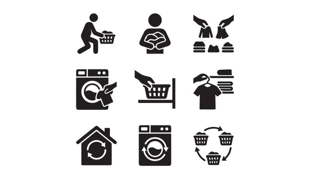 Laundry management and housework glyph icon set with management, housework