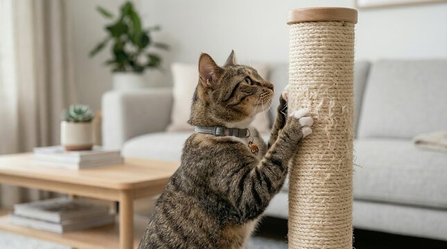 A tabby cat wearing a collar scratches a sisal post in a modern living room. Concept f pet care, home decor, relaxation, feline behavior, indoor lifestyle. Generative AI.