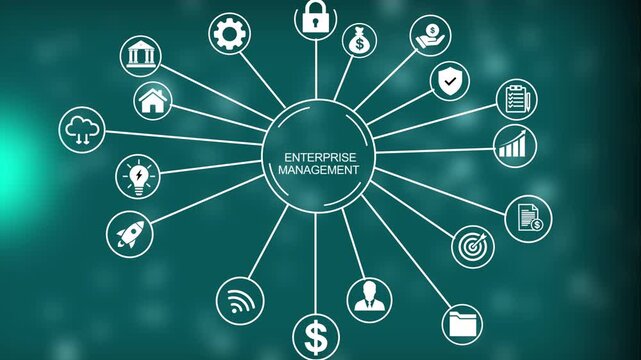 A central circular diagram labeled Enterprise Management with radiating lines connecting to various business related including a lock, dollar sign, brain, 4k Animation video on Black Background