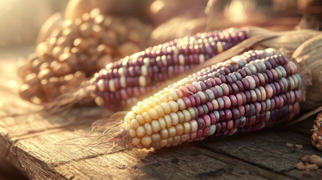 Close up of multicolored corn cobs on wooden surface golden sunlight