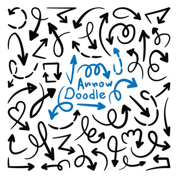 Doodle Arrow Collection. Hand drawn black arrow navigation mark icons set. Set of brush stroke of curly arrow collection. 