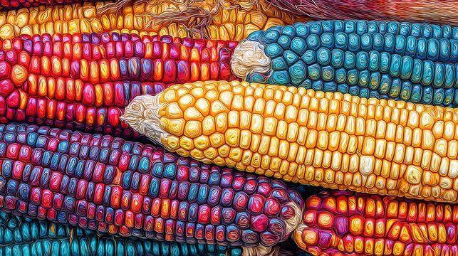 Close up of multicolored corn cobs showcasing vibrant textures and hues