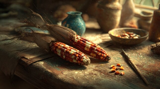 Close up of dried corn cobs on a rustic wooden table with various objects