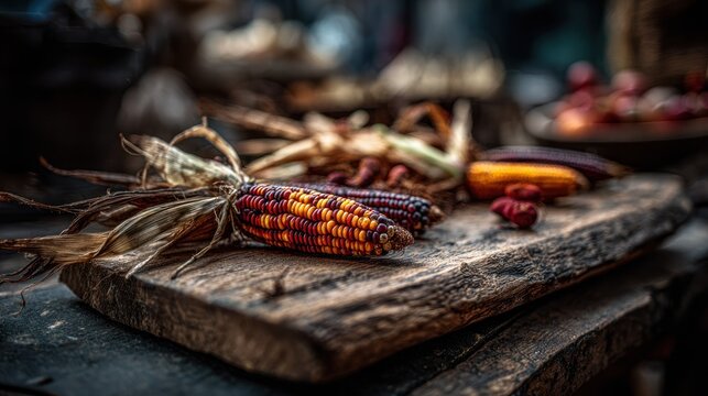 Close up of vibrant corn on rustic wooden board with blurred background