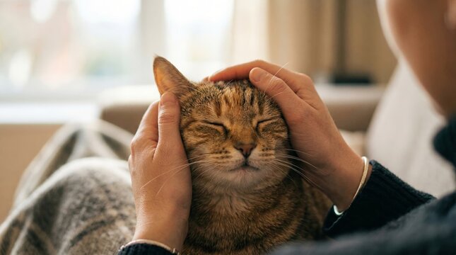 A hand gently strokes a relaxed cat lying on a warm blanket. Concept of pet care, love for pets, cats in society, living with pets, relaxation, and comfort in domestic settings. Generative AI.
