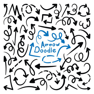 Simple Doodle Arrows Line Art Icons Vector Set. Set of simple lines hand drawn black arrows. Vector illustrator