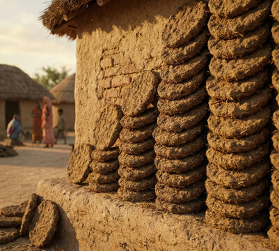 Stacks of dried cow dung cakes against a mud house in a rural In