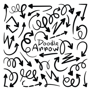 Doodle Arrow Collection. Hand drawn black arrow navigation mark icons set. Set of brush stroke of curly arrow collection. 