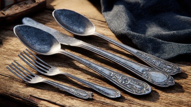 Close up of antique silverware on wooden table ready for dining