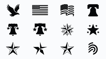 American patriotic symbols collection including eagle flags liberty bell stars and iconic national emblems on white background © Tuli