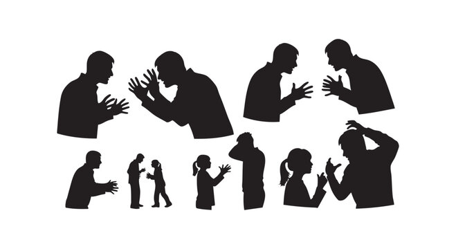 Set of black silhouettes showing conflict and arguments between people isolated on white background as vector collection.