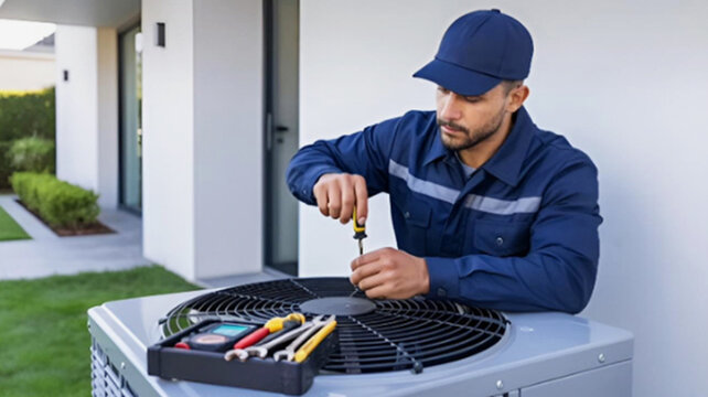 Professional HVAC technician in a navy blue uniform and cap uses a screwdriver to rooftop air repairing outdoor AC conditioning unit with a toolbox open beside him. Maintenance, cooling system.