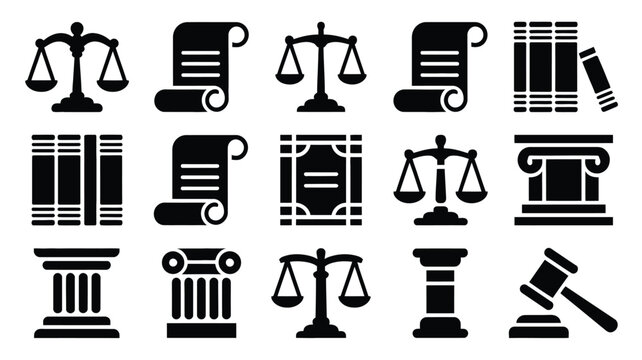 Vector illustration of law icons including scales gavel books and columns on white background