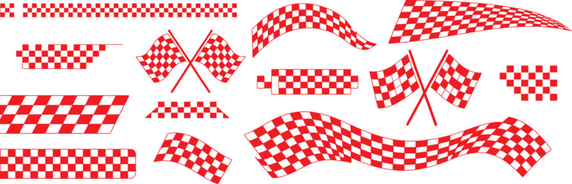 Collection of red and white checkered racing flags on transparent background for design

