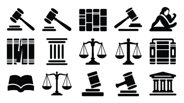 Justice and law icons set including gavel scales book court judge lawyer and justice symbols in black silhouette