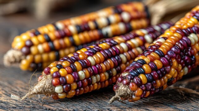 Close up of colorful maize cobs with unique patterns and textures