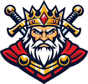 King character head with crown and crossed swords mascot logo