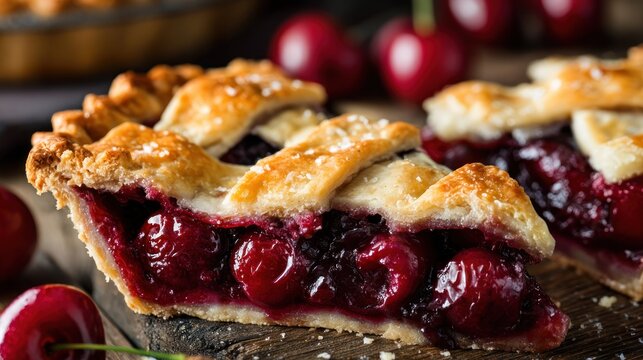 Close up of a delicious cherry pie slice on a wooden surface