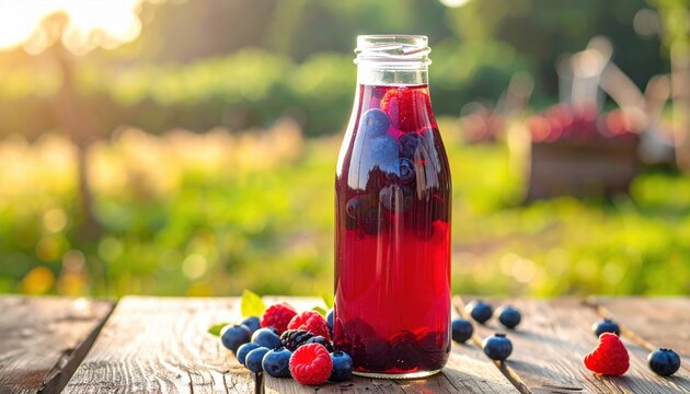 Refreshing Berry Beverage in Glass Bottle with Natural Background