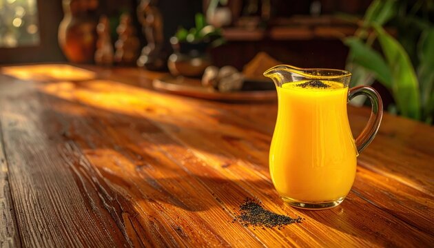 Refreshing Yellow Drink in Glass Pitcher on Rustic Wooden Table