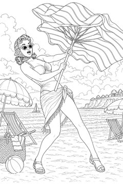 Vintage pinup style woman fights a gusty wind while holding a striped beach umbrella on a lively shoreline, perfect for summer vacation, humor, or retro lifestyle themes.