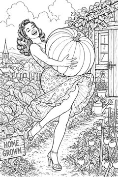 Smiling retro pinup woman in a polka dot dress carries an oversized pumpkin through a lush vegetable garden, ideal for harvest, farm, or Thanksgiving themed projects.