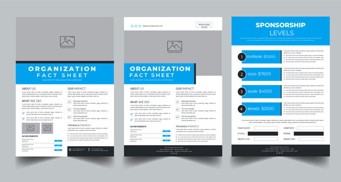 Nonprofit Organization Fact Sheet, Organization Fact Sheet for Business Concept Layout With Three Page & Color Design Step