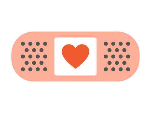 Minimalist Adhesive Bandage with Red Heart Icon, Plaster for Healing Broken Heart and Emotional Support Concept Illustration