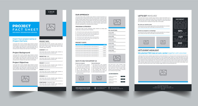 Nonprofit Organization Fact Sheet, Organization Fact Sheet for Business Concept Layout With Three Page & Color Design Step