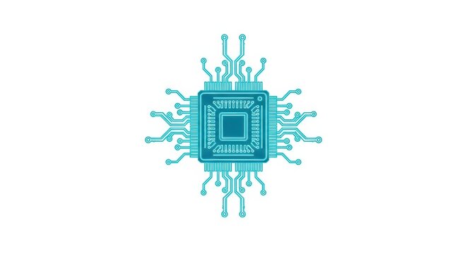 Digital microprocessor icon features intricate circuitry pathways on a white background.