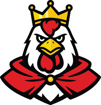 Angry rooster king character with crown and royal cape mascot