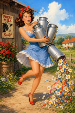 Retro pinup style milkmaid in a blue dress reacts in surprise as metal milk cans spill out colorful daisies and ribbons along a bright country farm path.