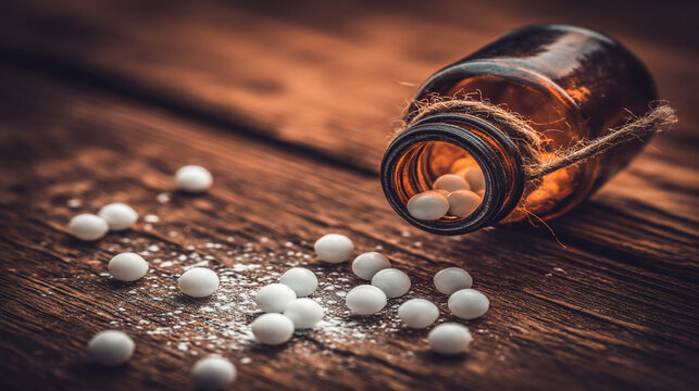 Homeopathic globules spilling from a small brown glass bottle on wood with alternative med