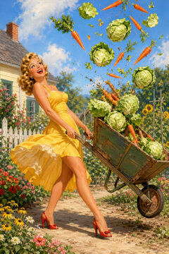 Retro pinup gardener in a flowing yellow dress laughs as a wheelbarrow spills cabbages and carrots into the air along a sunny flower-lined garden path.