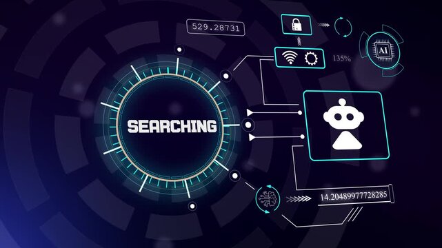 High tech digital search interface with robot icon for cyber security investigations and data discovery projects, hud animation