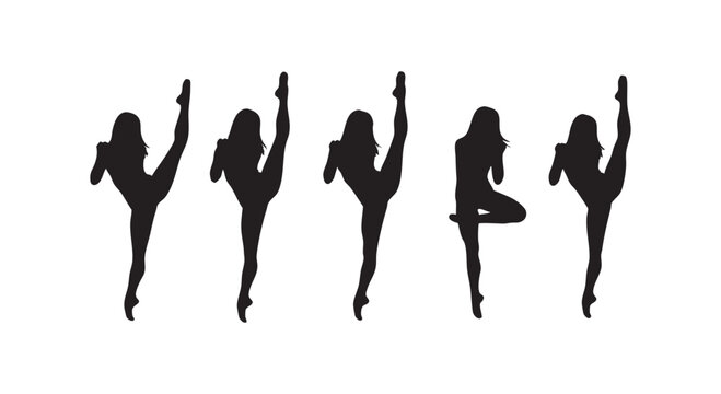 Set of female dancer silhouettes posing in ballet and modern dance movements isolated on white background design art.