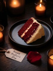 Fototapeta premium Slice of red velvet cake, mother's day tag, and candles on dark wooden table.