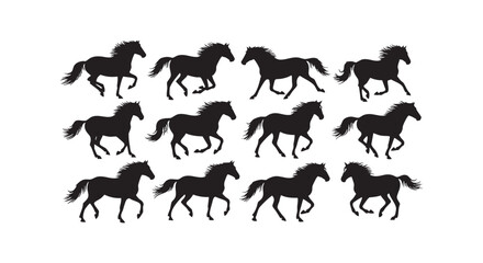 Fototapeta premium Set of running horses silhouettes showing elegant posture and powerful movement in various directions isolated on white.
