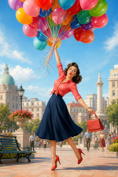 Vintage pinup woman in a coral blouse and navy skirt clutches a huge bunch of bright balloons, floating playfully above a sunny European plaza filled with people.