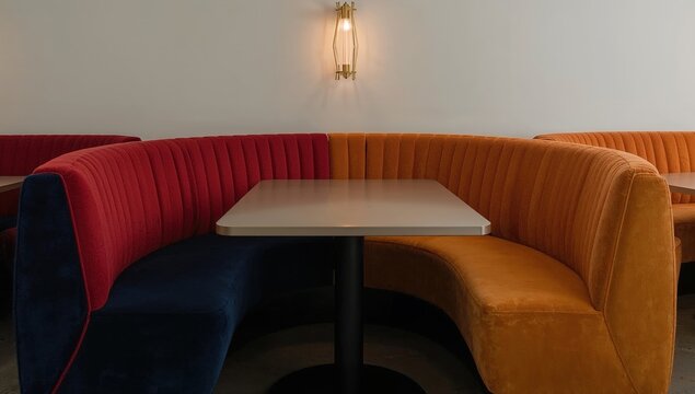 Modern curved booth seating with colorful velvet upholstery in contemporary restaurant interior under soft wall light