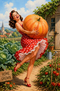 Joyful retro pinup woman in a red polka dot dress hugs an enormous pumpkin amid lush cabbages and tomatoes in a sunny countryside garden with a village backdrop.