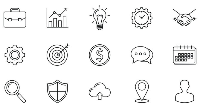 Business briefcase, graph, lightbulb, clock, handshake, gear, target, dollar, chat, calendar