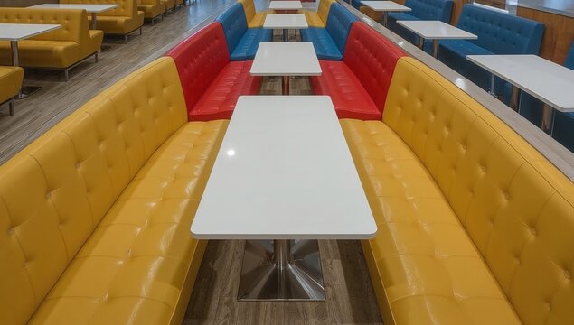 Modern restaurant interior with colorful yellow, red, and blue booths and white tables on wooden floor