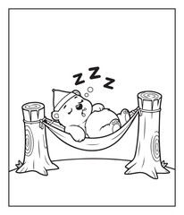 Wild animal cute bear sleeping in swing black outline vector coloring page for children 