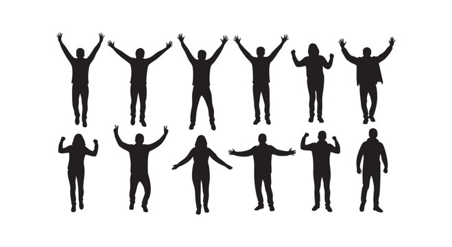 Set of silhouettes showing diverse people jumping or celebrating with raised arms isolated on clean white background.
