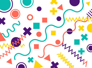 Obraz premium Colorful Memphis Style Abstract Background Featuring Retro Geometric Shapes, Zigzag Lines, and Squiggles on White Backdrop