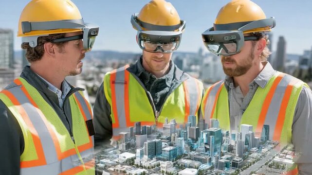 The Future of Construction: Three construction workers, immersed in augmented reality, examine a digital city model with innovative tools.