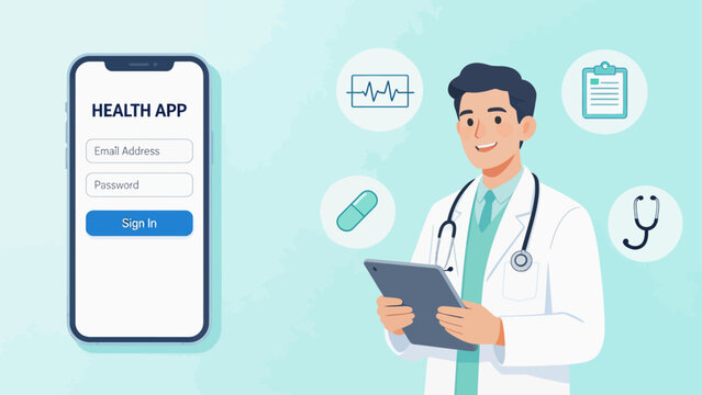 Doctor using health app on tablet